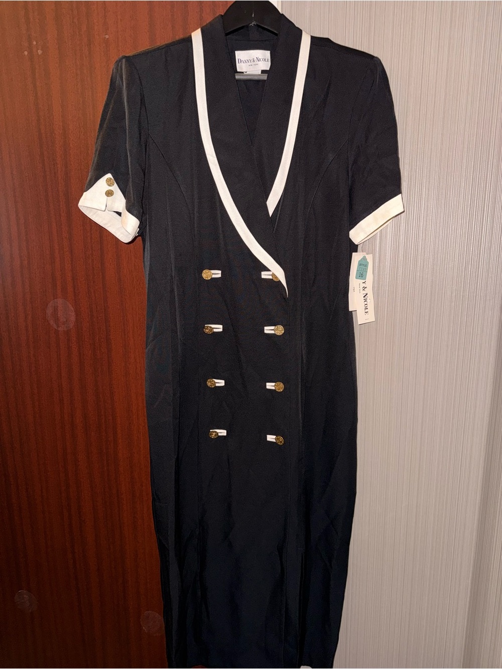 Danny & Nicole Black Midi Dress with White Trim and Gold Buttons